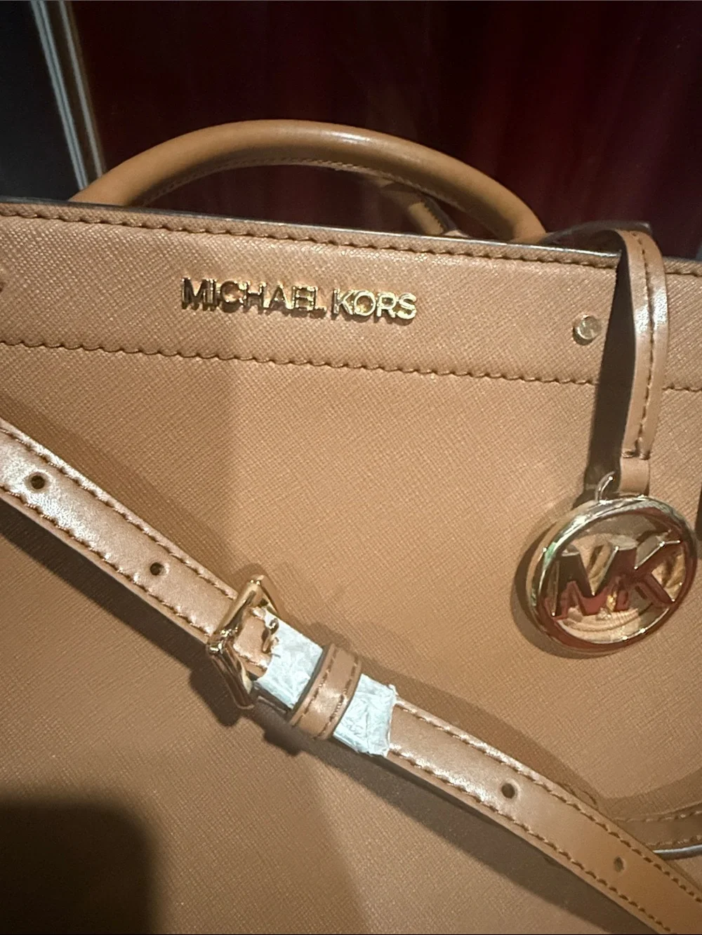 Michael Kors Tan Saffiano Leather Satchel with Gold MK Charm